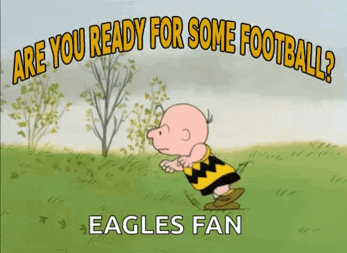 a cartoon of charlie brown standing in a field with the words `` are you ready for some football ? eagles fan '' .
