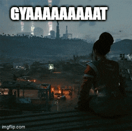a woman sitting on a balcony looking out over a city with a caption that says gyaaa