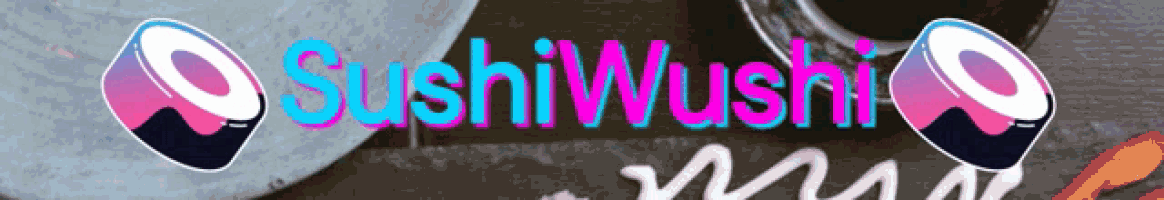 a sign that says sushi wushi on it with a picture of sushi
