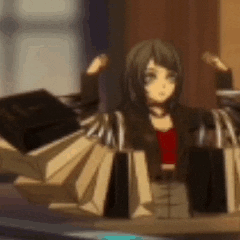 a girl is sitting at a table with a bunch of shopping bags .