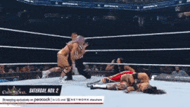 a woman in a bikini is jumping over a rope during a wrestling match on saturday nov 2