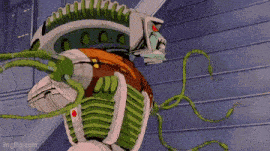 a cartoon robot with a green hose coming out of it 's chest .