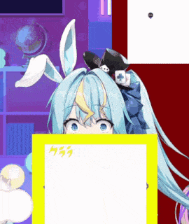 a girl with bunny ears and a hat behind a yellow frame