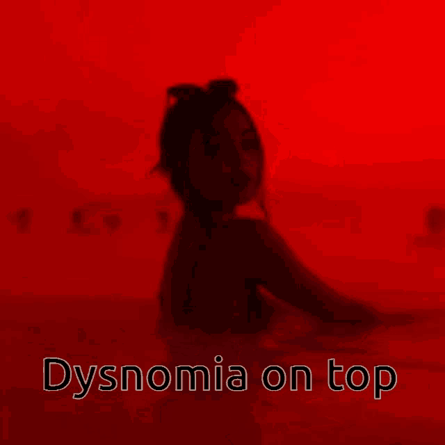 a woman is silhouetted against a red background with dysnomia on top