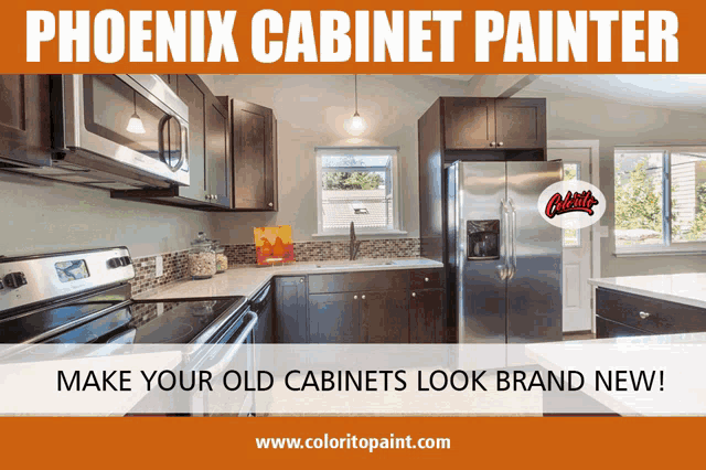 a phoenix cabinet painter ad shows a kitchen with stainless steel appliances