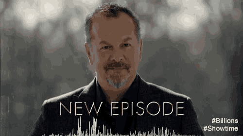 a man with a beard is standing in front of a sign that says new episode .