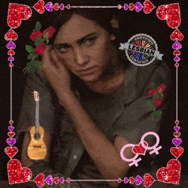 a picture of a girl with a guitar and the words lesbian certified on it