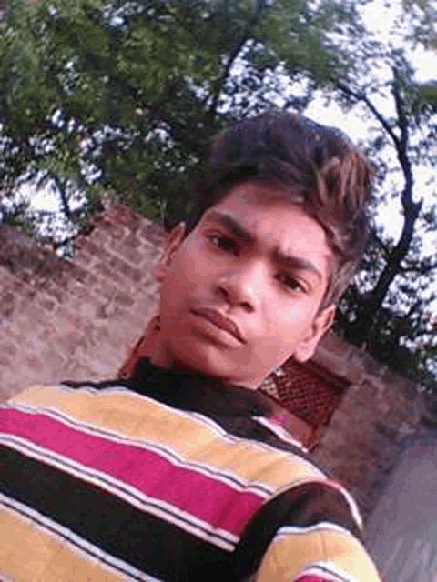 a young man in a striped shirt is taking a selfie with a brick wall in the background .