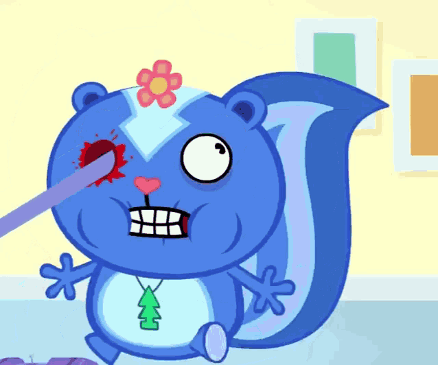 a cartoon squirrel with a knife in his eye and a flower on his head