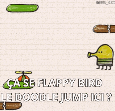 a cartoon of a bird flying through the air with the words `` case se flappy bird le doodle jump ici ''