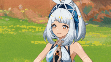 a cartoon girl with white hair and a blue headband is standing in a field .