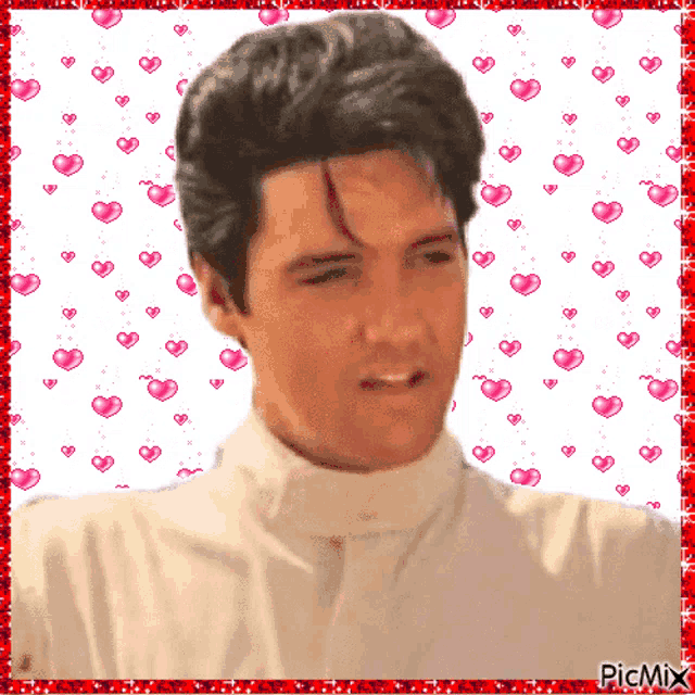 a picture of elvis presley is surrounded by pink and red hearts