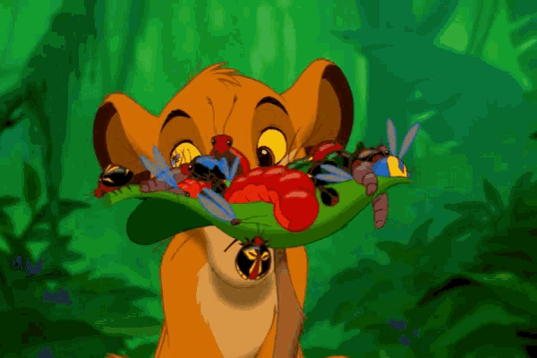 a cartoon of a lion holding a bunch of bugs in its mouth