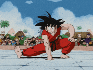 a cartoon of a man in a red karate uniform doing a split