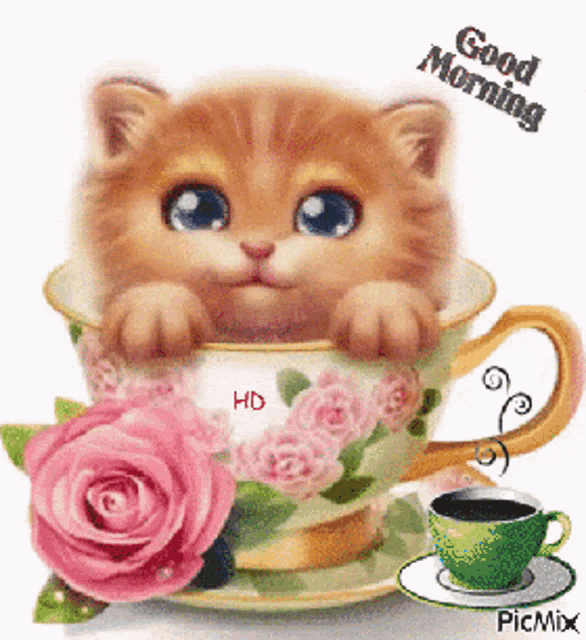a kitten is peeking out of a cup of tea with roses and a cup of coffee