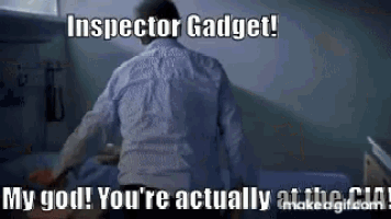 a man sitting in a hospital bed with a caption that says inspector gadget