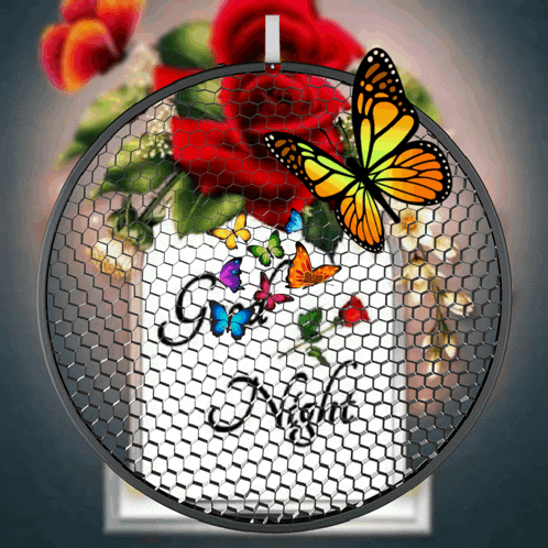 a sign that says " good night " with butterflies on it
