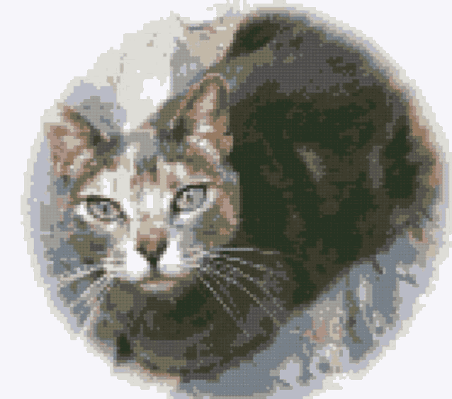 a pixelated image of a cat with blue eyes in a circle