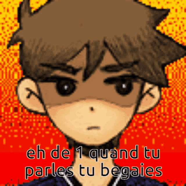 a pixel art of a boy with the words " eh de 1 quand tu parles tu begaies " below him