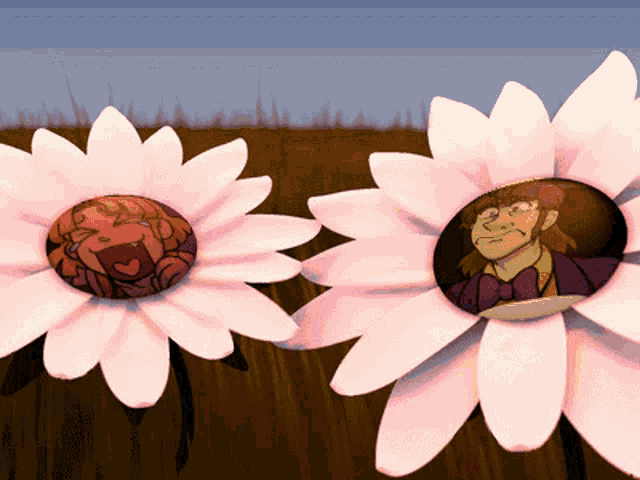 a cartoon drawing of two daisies with a man in the center