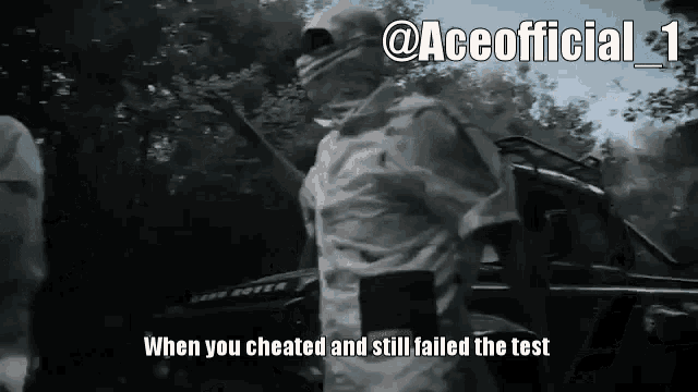 a man in a white uniform is standing in front of a car with the caption when you cheated and still failed