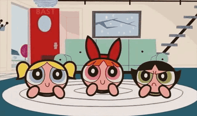 three cartoon girls are sitting on a rug in a room .