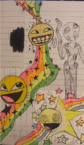 a drawing of smiley faces and stars with the word t.t. on the bottom