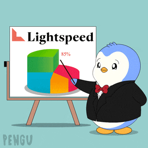 a penguin is pointing at a pie chart on a board that says lightspeed