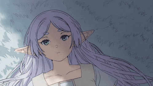 a drawing of a girl with long purple hair and green eyes
