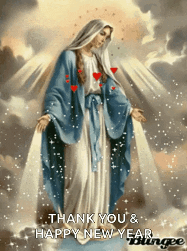 a painting of the virgin mary with the words thank you and happy new year