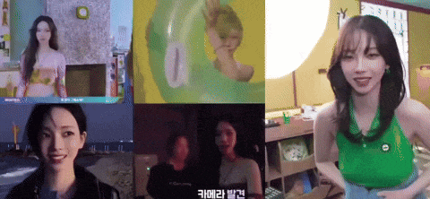 a woman in a green tank top is smiling in a collage