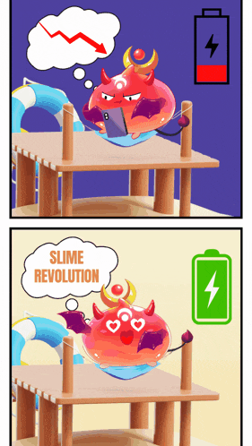 a cartoon of a devil with a cell phone and a speech bubble that says " slime revolution "