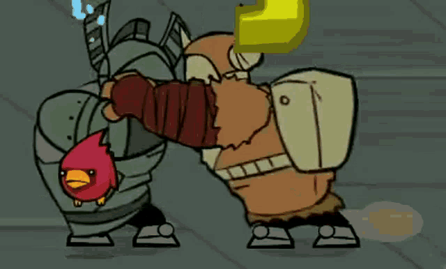 a couple of cartoon characters are standing next to each other and one of them has a red bird on his back .