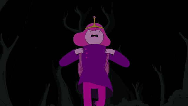 princess bubblegum from adventure time is running through a dark forest with a backpack .