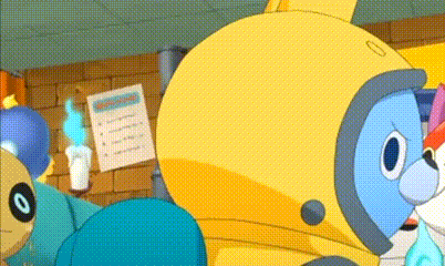 a cartoon character wearing a yellow helmet is standing next to another cartoon character in a room .