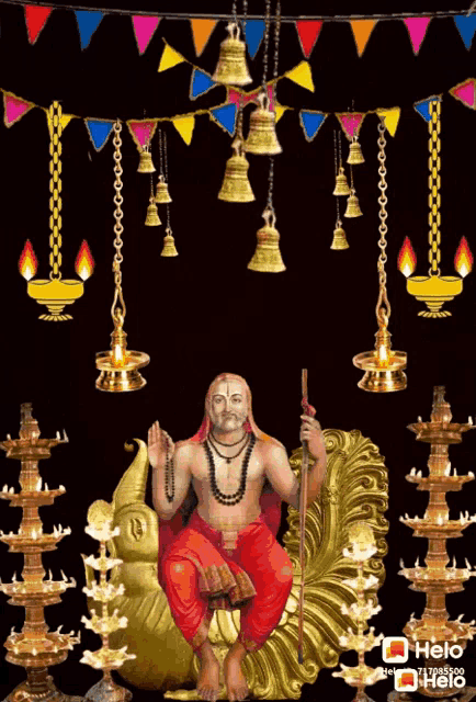 a picture of a man sitting on a throne surrounded by bells and candles with help written in the corner