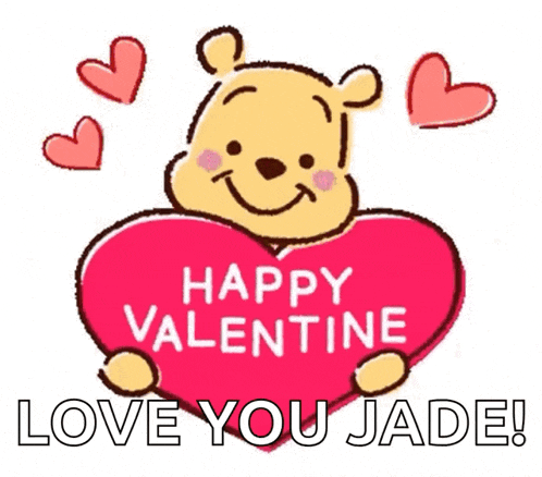 a winnie the pooh holding a red heart with the words happy valentine love you jade