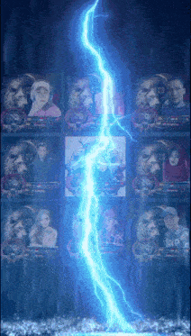 a lightning bolt strikes a row of cards with a man wearing a shirt that says ' sg '