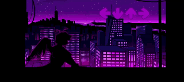 a silhouette of a person with wings standing in front of a city at night