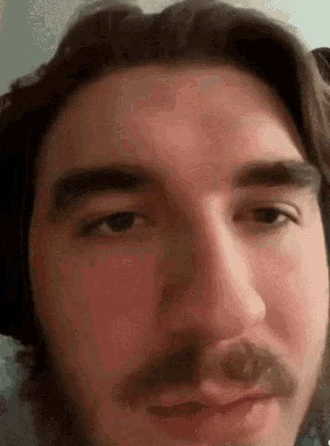 a close up of a man 's face with a beard and long hair .