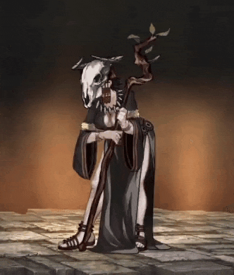 a woman with a skull on her head is holding a cane and a stick .