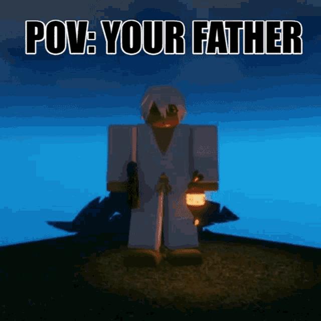 a cartoon character standing on top of a hill with the words pov : your father written on the bottom