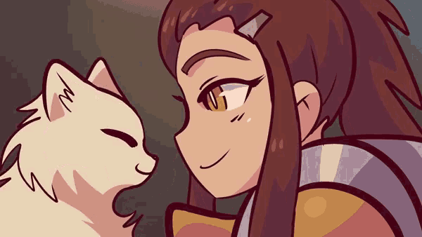a cartoon drawing of a girl and a cat looking at each other with the cat looking at the girl