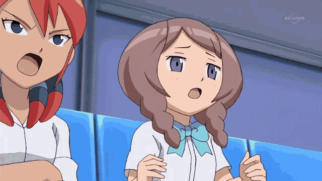 a girl with purple eyes is sitting next to a girl with red hair and the tv channel is bs japan