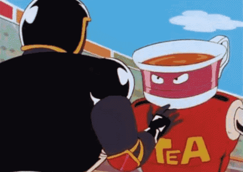 a cartoon character with a cup on his head and a shirt that says tea on it
