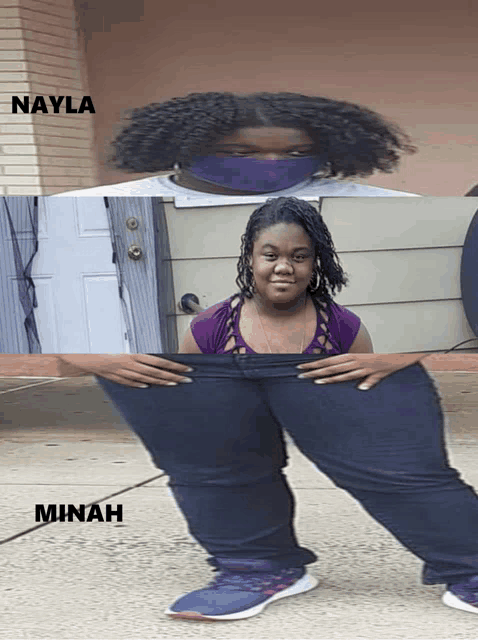 a woman wearing a purple shirt and a mask has the name nayla on her head