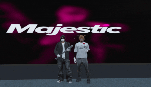 a couple of people standing in front of a majestic logo