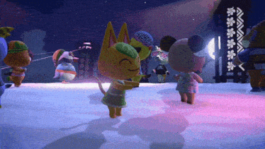 a group of cartoon characters are dancing in the snow and one of them has a hat that says ' sk ' on it
