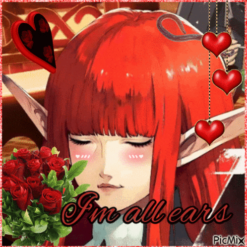 a picture of a girl with red hair and the words " i 'm all ears "