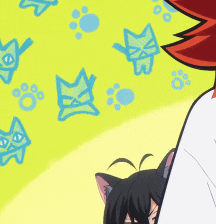 a cartoon drawing of a person holding a cat with paw prints in the background